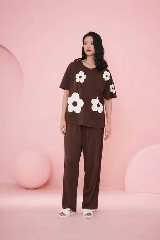 Dark Brown All over BIG White flower Night Suit
