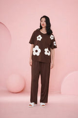 Dark Brown All over BIG White flower Night Suit