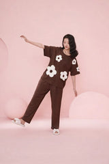 Dark Brown All over BIG White flower Night Suit