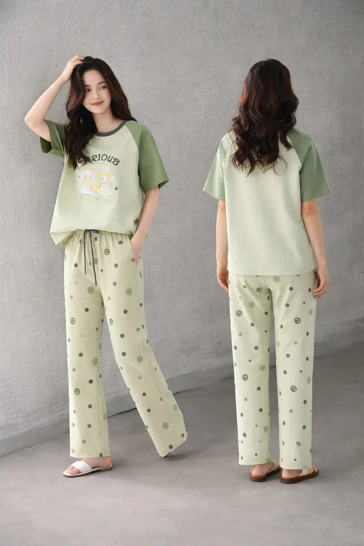 Olive green Carious Printed Night Suit