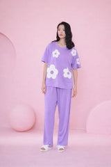 Lilac All over BIG White flower Night Suit