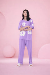 Lilac All over BIG White flower Night Suit