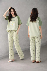 Olive green Carious Printed Night Suit