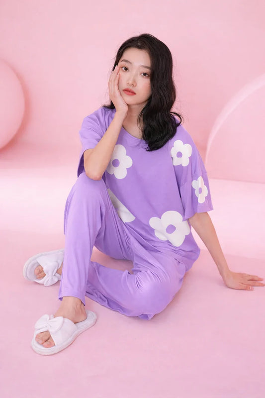 Lilac All over BIG White flower Night Suit