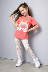 (NEW) Pink rainbow t shirt with multi STARS printed pajama kids night suit