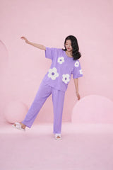 Lilac All over BIG White flower Night Suit