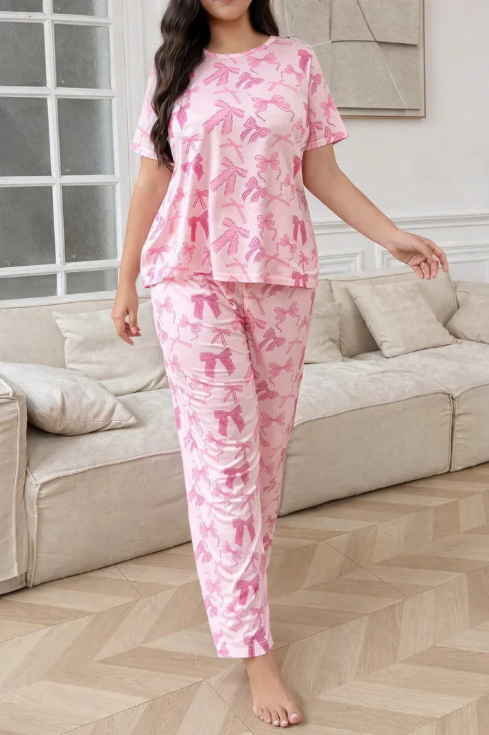 Pink All over Bow Half Sleeves Printed Night suit