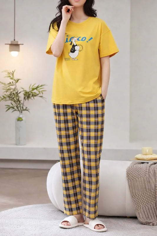 Yellow Cute Duck Printed half sleeves t shirt with check pajama night suit