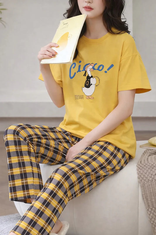 Yellow Cute Duck Printed half sleeves t shirt with check pajama night suit