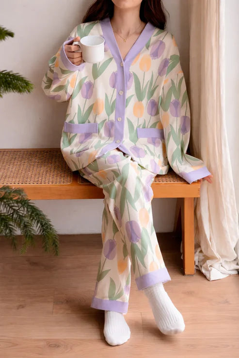 Off White with Multi Flowers Printed V-Neck Button Printed Pjs