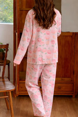 Baby Pink All Over Flowers Printed V-Neck Button Printed Pjs