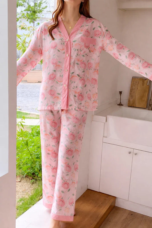Baby Pink All Over Flowers Printed V-Neck Button Printed Pjs