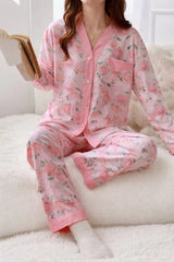 Baby Pink All Over Flowers Printed V-Neck Button Printed Pjs