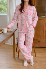 Baby Pink All Over Flowers Printed V-Neck Button Printed Pjs