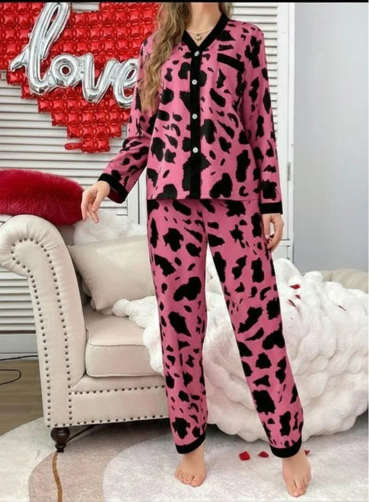 Shocking Pink with Cheetah V-Neck Button Printed Pjs