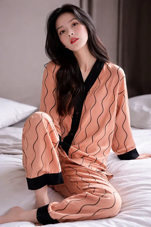 Orange with Black Linning V-Neck Button Printed Pjs