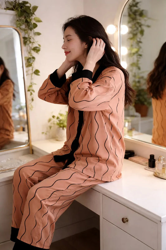 Orange with Black Linning V-Neck Button Printed Pjs