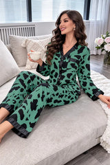 Green with Cheetah V-Neck Button Printed Pjs