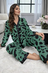 Green with Cheetah V-Neck Button Printed Pjs
