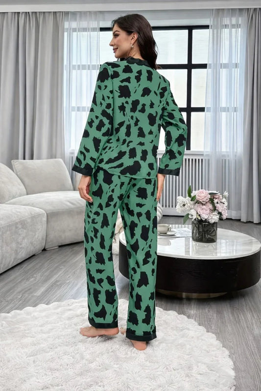 Green with Cheetah V-Neck Button Printed Pjs