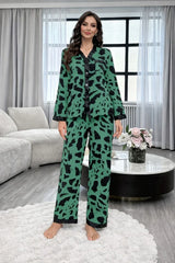 Green with Cheetah V-Neck Button Printed Pjs