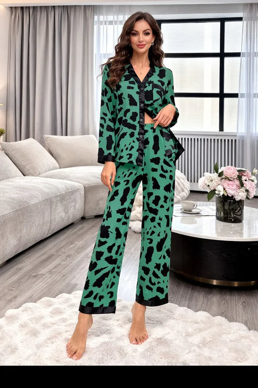 Green with Cheetah V-Neck Button Printed Pjs