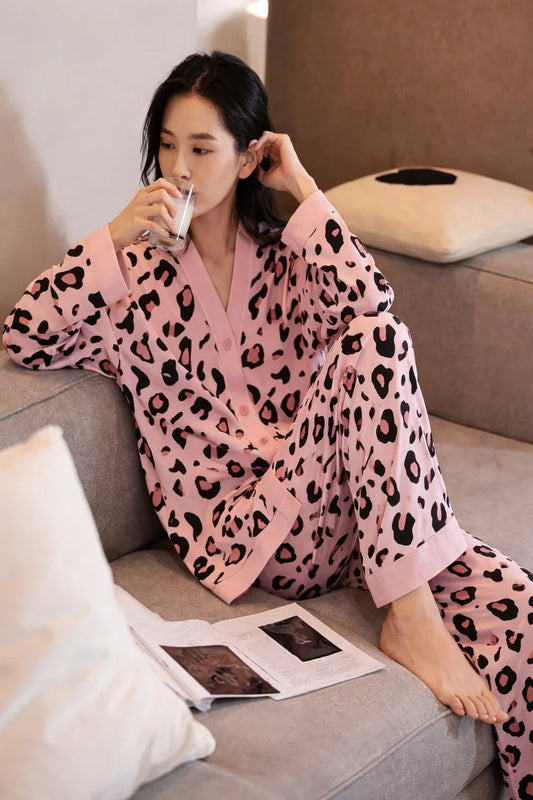 Baby Pink with Cheetah Printed V-Neck Button Printed Pjs