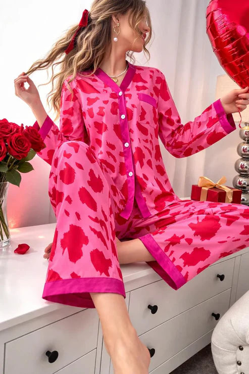 Pink with Shocking Pink V-Neck Button Printed Pjs