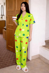 Neon Green Multi Flowers Printed Button Down Half Sleeves PJ Set
