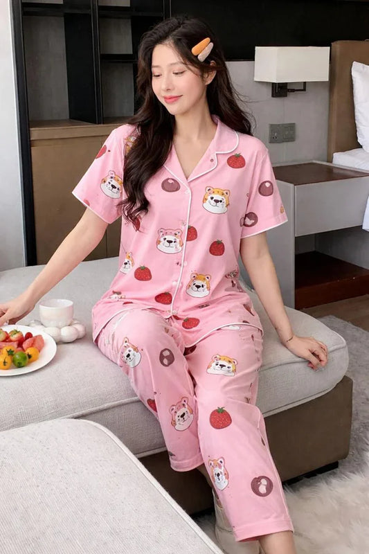 Baby Pink Strawberry with Bear Printed Button Down Half Sleeves PJ Set