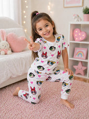 White Power Puff Girls Printed Half Sleeves Kids Suit