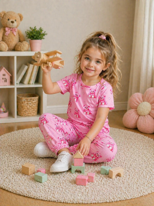 Baby Pink All Over Bears Printed Half Sleeves Kids Suit