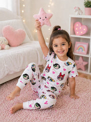 White Power Puff Girls Printed Half Sleeves Kids Suit