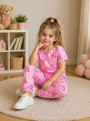 Baby Pink All Over Bears Printed Half Sleeves Kids Suit