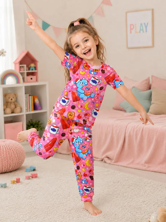 Cute Cartoon Blue Bear, Popsicle & Donut Graphic Kids Suit