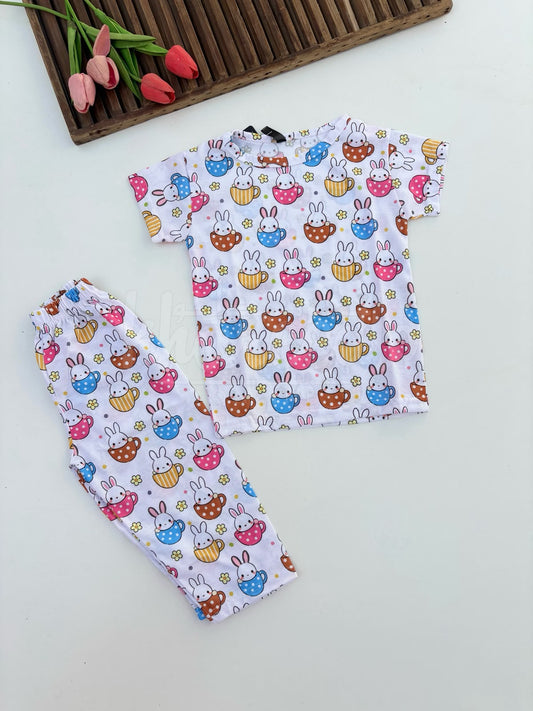 White Cute Rabbits Printed Half Sleeves Kids Suit