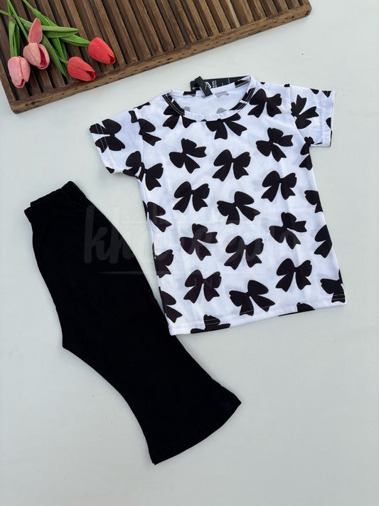 Off white Black Bow Printed Half Sleeves Kids Suit