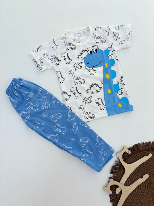 White With Blue Dino Printed Kids Suit