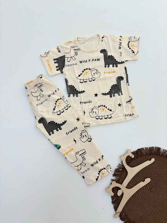 Beige Dinosaur Print Half Sleeves Kids Suit