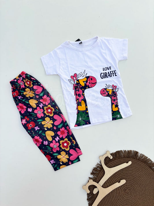 White Floral Giraffe Printed Half Sleeves Kids Suit