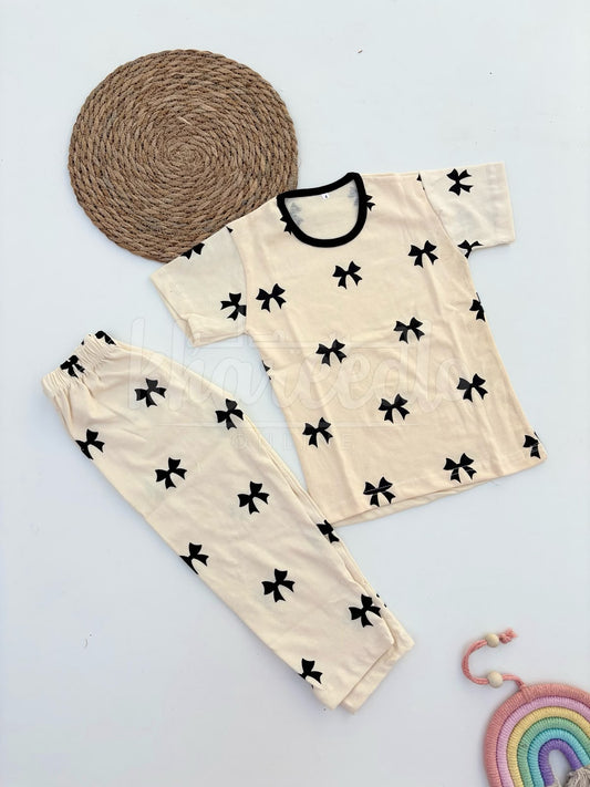 White With Black Bow Printed Kids Suit