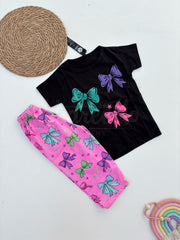 Black Bows Printed Half Sleeves Kids Suit