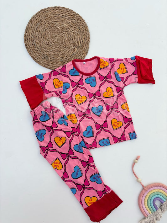 Pink With Red Bow And Hearts Printed Kids Suit
