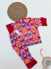 Pink With Red Bow And Hearts Printed Kids Suit