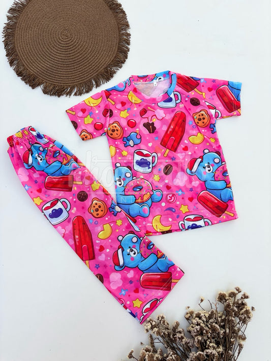 Cute Cartoon Blue Bear, Popsicle & Donut Graphic Kids Suit