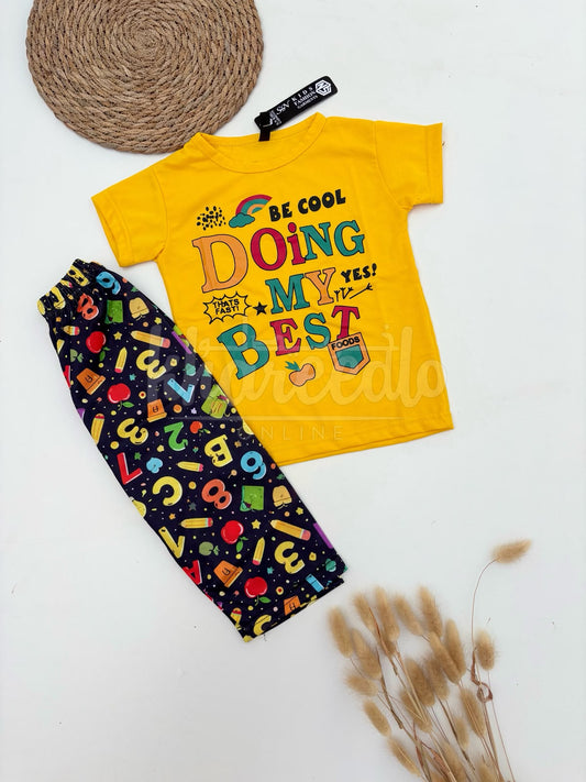Yellow Doing My Best Printed Half Sleeves Kids Suit