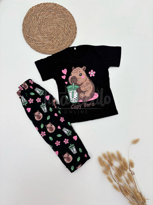 Black Cappy Bara Printed Kids Suit