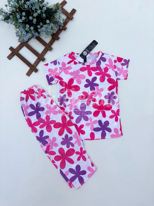 Off White Multi Flowers Printed Half Sleeves Kids Suit