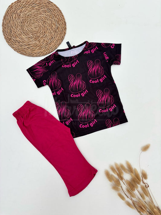Black Cool Girl Printed Half Sleeves Kids Suit