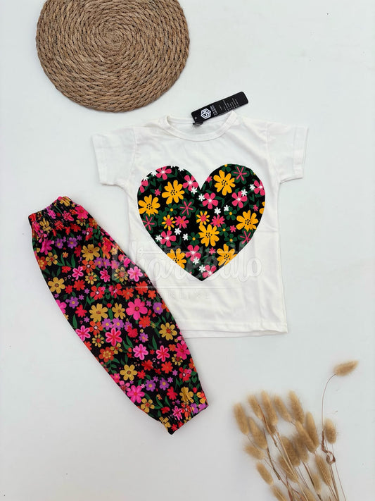 White Flower Heart Printed Half Sleeves Kids Suit